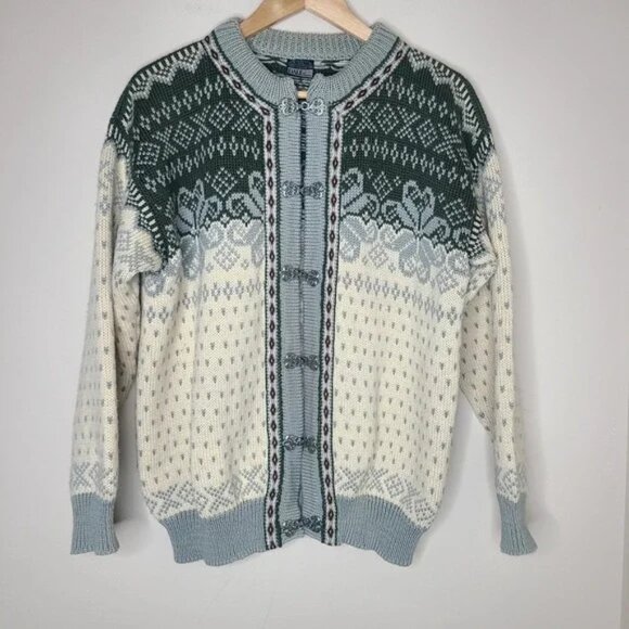 DALE OF NORWAY Fair Isle Wool Knit Clasp Ski Cardigan Sweater Cream Green‎ US L - Picture 1 of 5